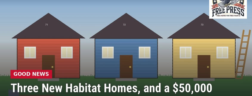 Illustration of three new single-family homes numbered 71, 72 and 73 on a grassy lot with a ladder and hammer, with headline: Three New Habitat Homes, and a $50,000 Women Build Challenge